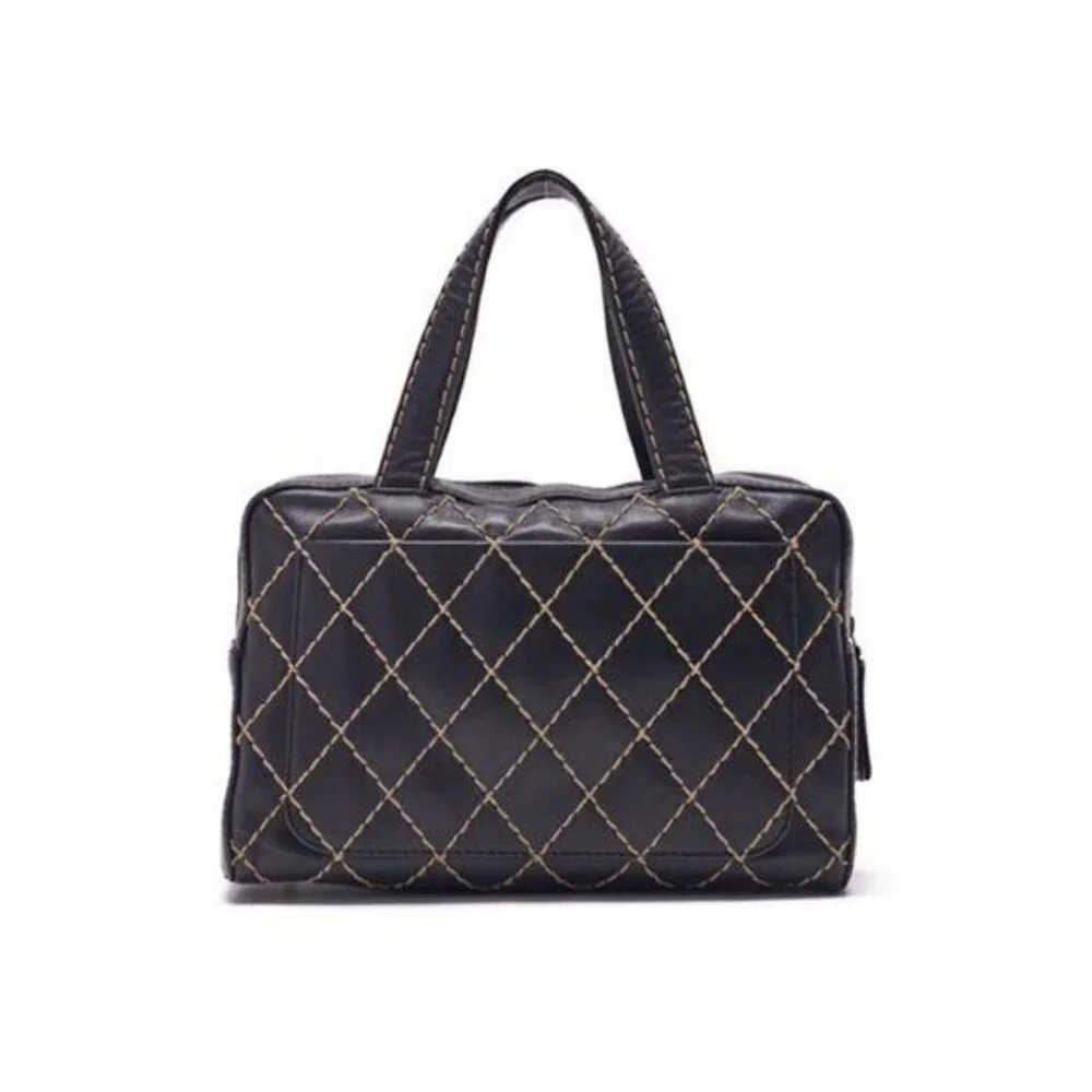 Authentic CHANEL CC Wild Stitch Vintage Quilted Bowler Hand Bag Tote Lambskin - Picture 5 of 15